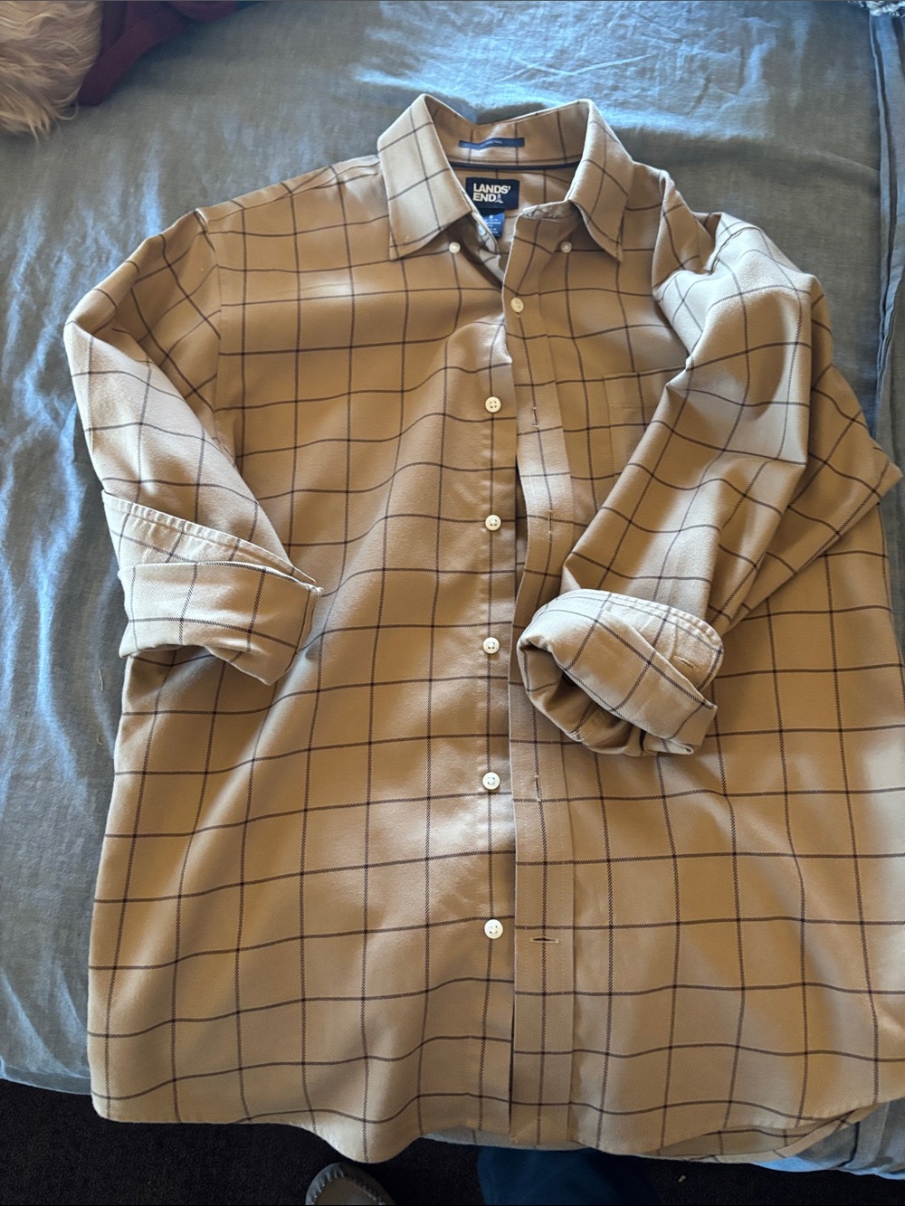Lands' End Men's Tan Windowpane Button-Down Shirt